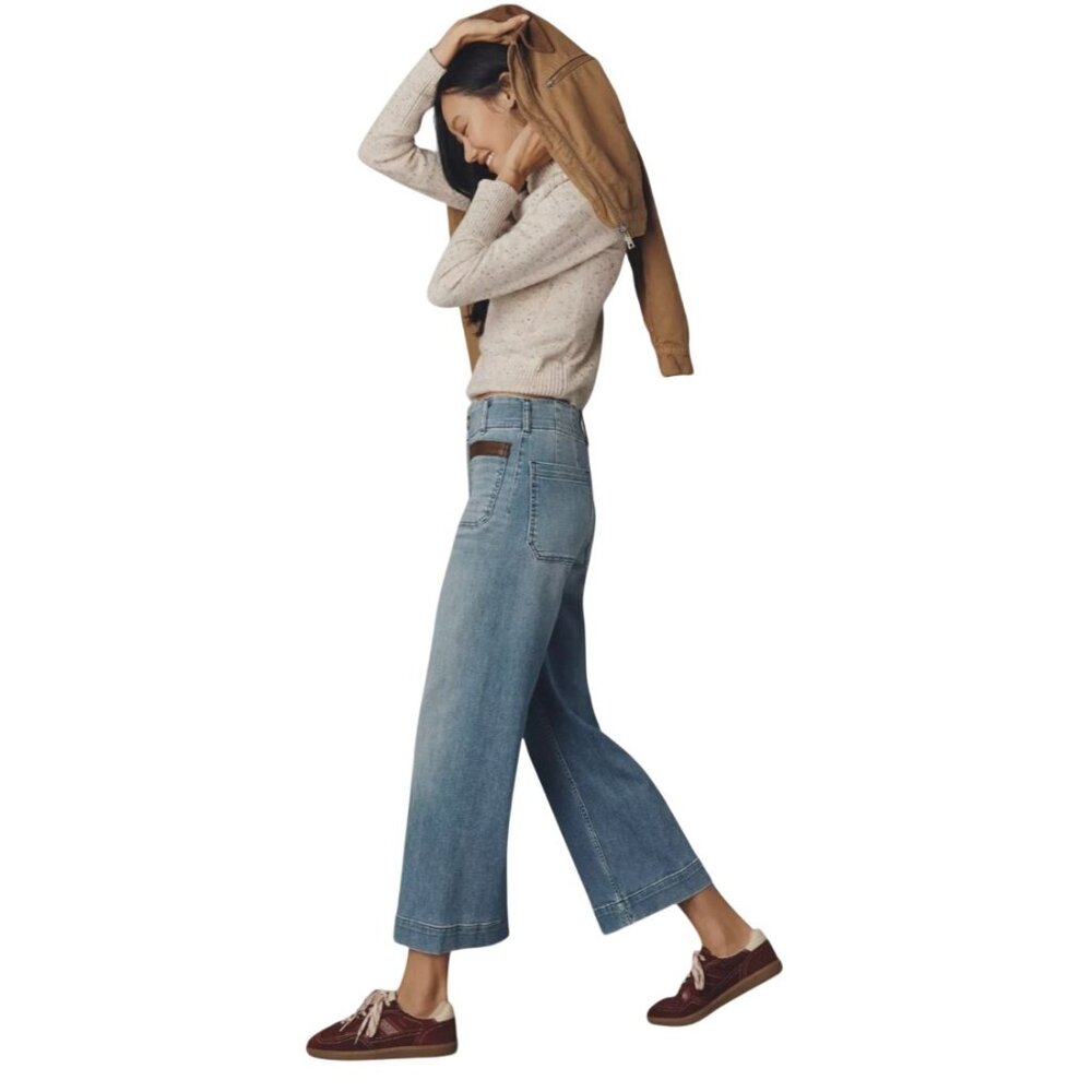 Maeve Colette High-Rise Wide-Leg Jeans Leather Anthropologie Medium Denim 30
